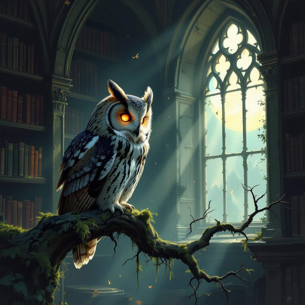 Ancient Owl in Moonlit Library, Painterly Concept Art