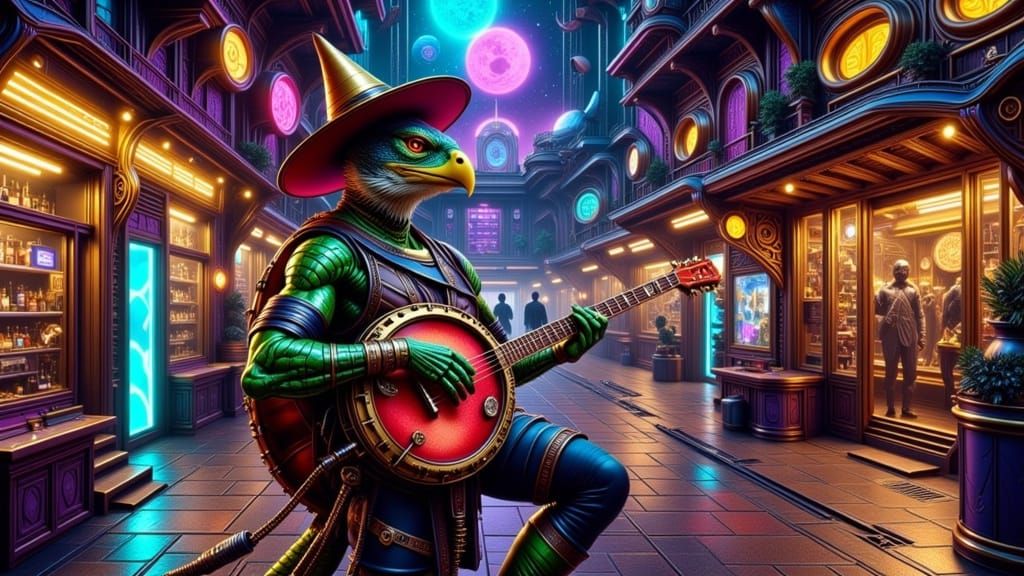 Eagle-Turtle-Tiger Hybrid Plays Banjo in Sci-Fi Cantina