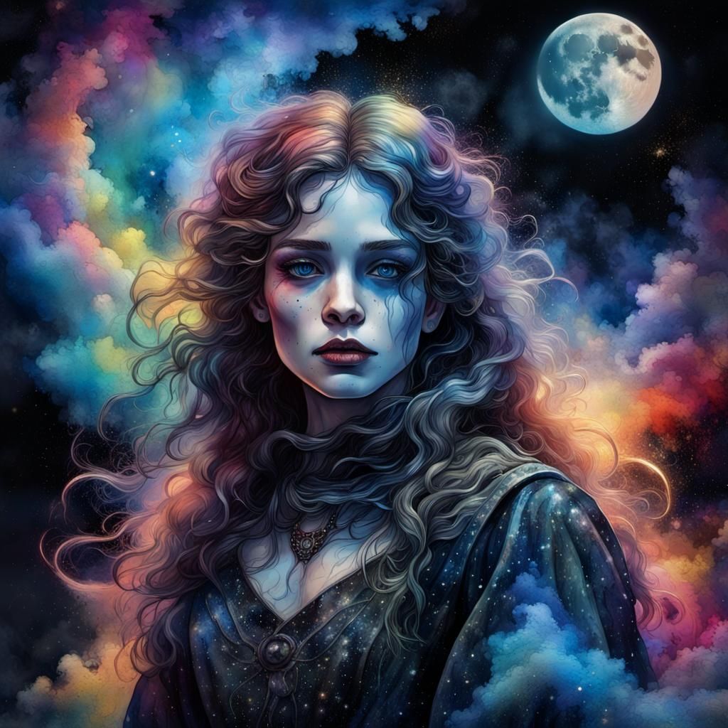 Gothic Queen in Space: Watercolor and Impasto