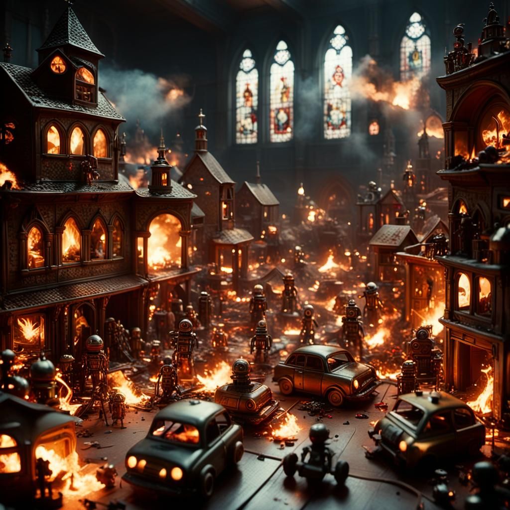 Burning Toyshop at Night: A Cinematic Still