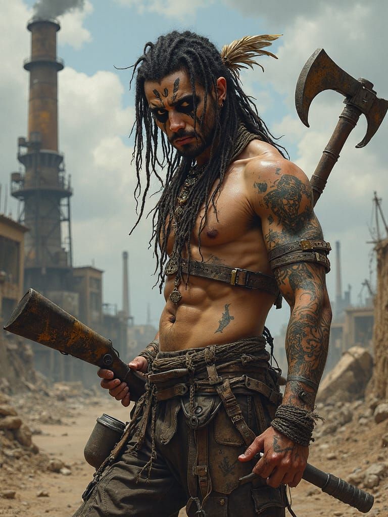 Tribal Punk Warrior in Post-Apocalyptic Landscape