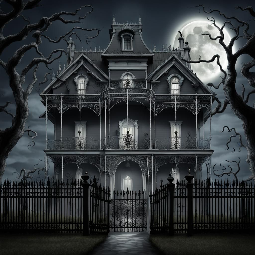 Haunted Victorian Mansion with Ghosts and Full Moon