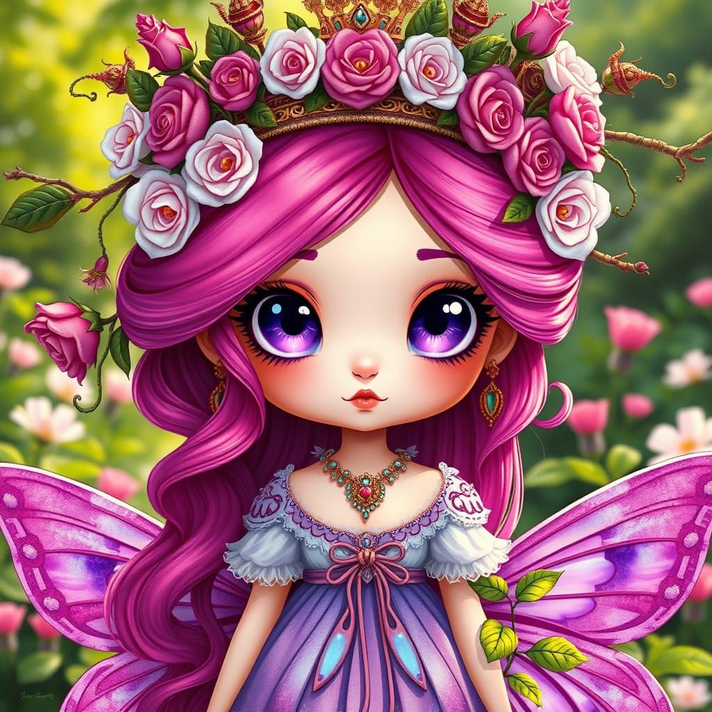 Chibi Queen Portrait in Surreal Rose Crown and Butterfly Win...
