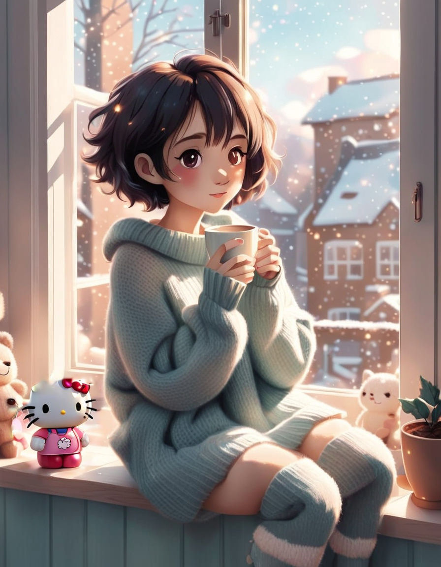 Cozy Kawaii Girl with Cocoa by Windowsill