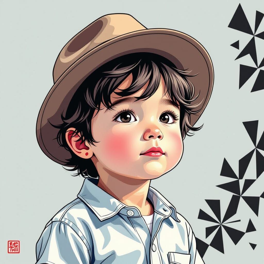 Monochrome Portrait of Boy with Abstract Geometric Elements