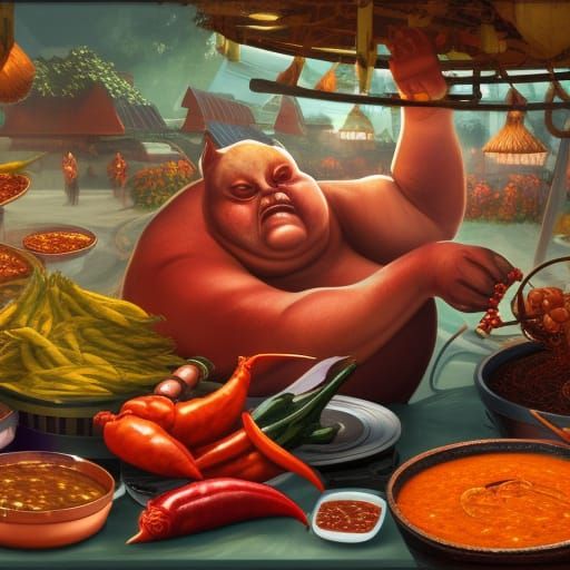 Cat-like Alien Selling Spicy Sauce, Digital Art