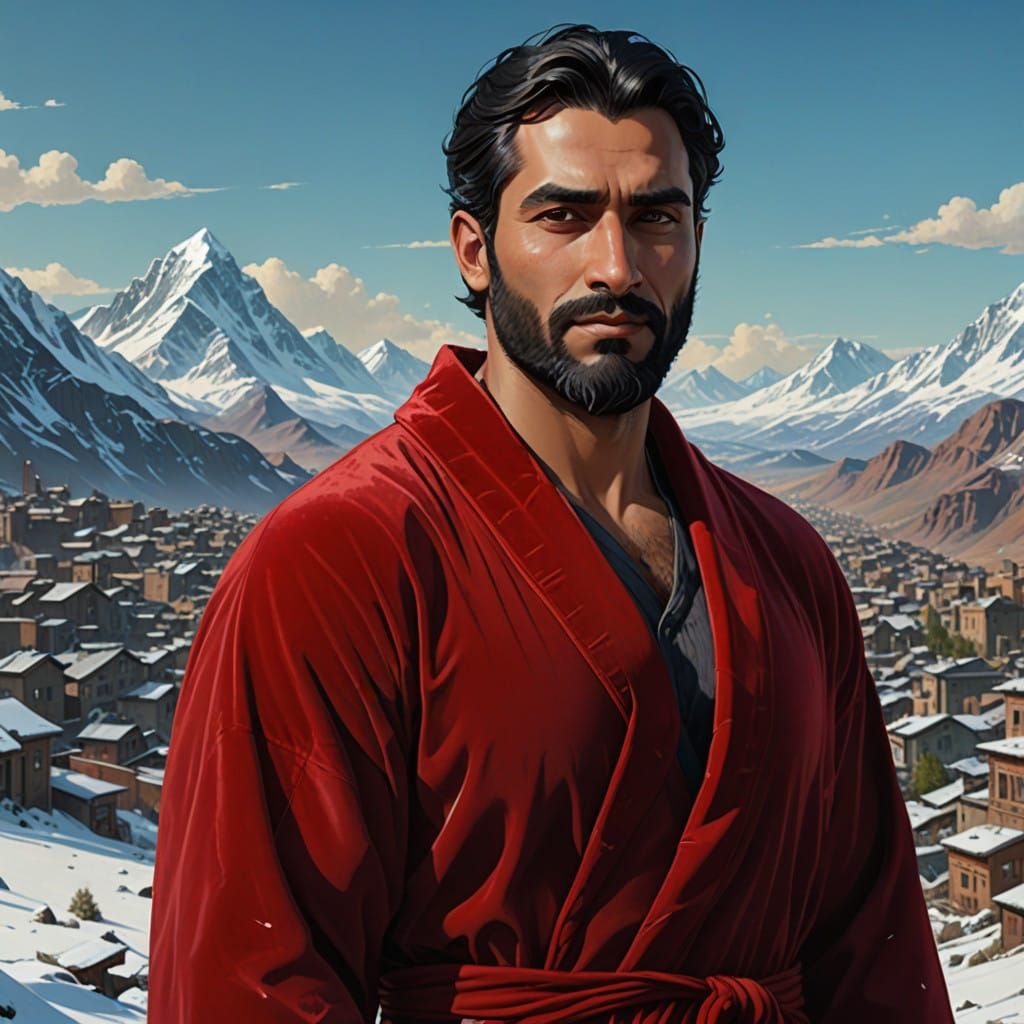 Vibrant Portrait of a Handsome Afghan Man in a Luxurious Red...