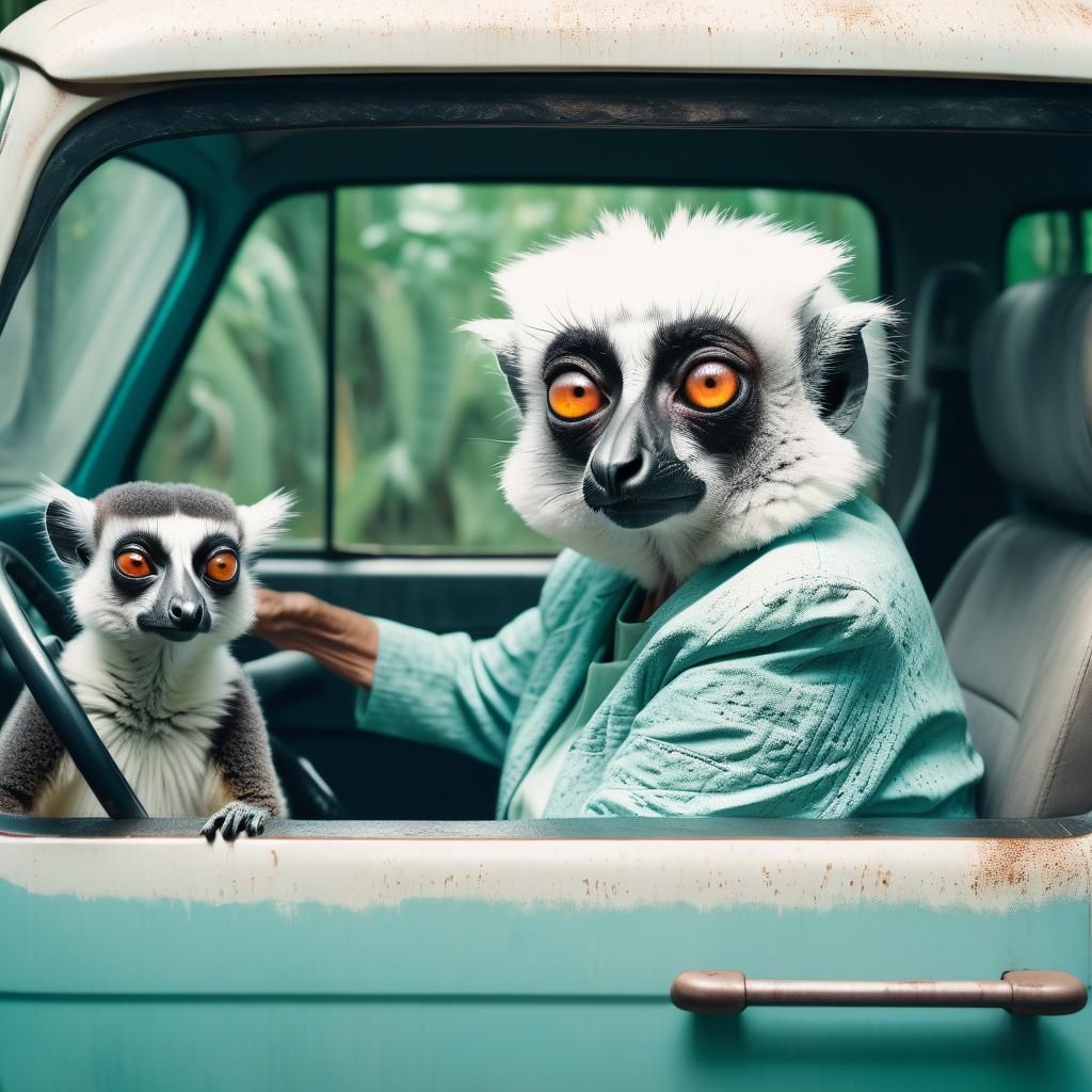 Grandma Drives Toilet Car with Lemur: Cinematic Still