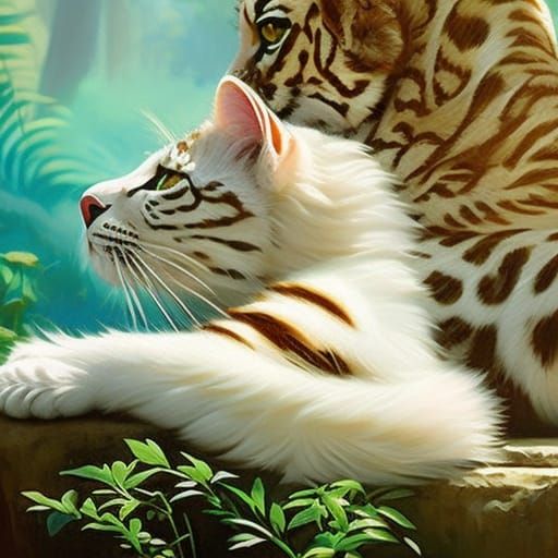 Majestic White Leopard Family in Oil Painting Style
