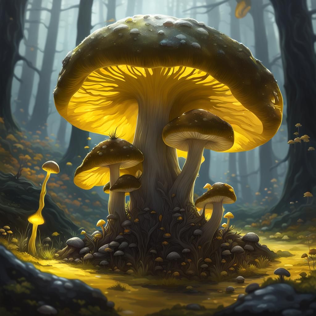 Mushroom Creatures in Black and Silver Forest