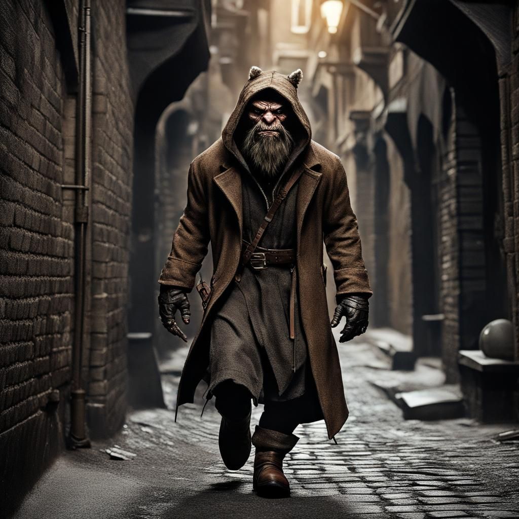 Bugbear Rogue Creeping in Alley, Hyperrealistic Fantasy