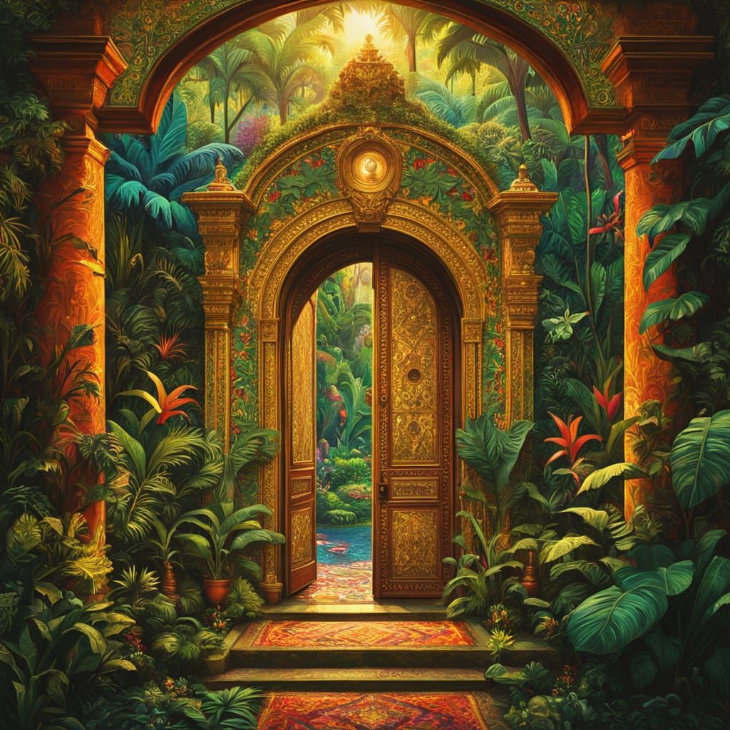Ornate Bronze Door Opens to Multicolored Jungle