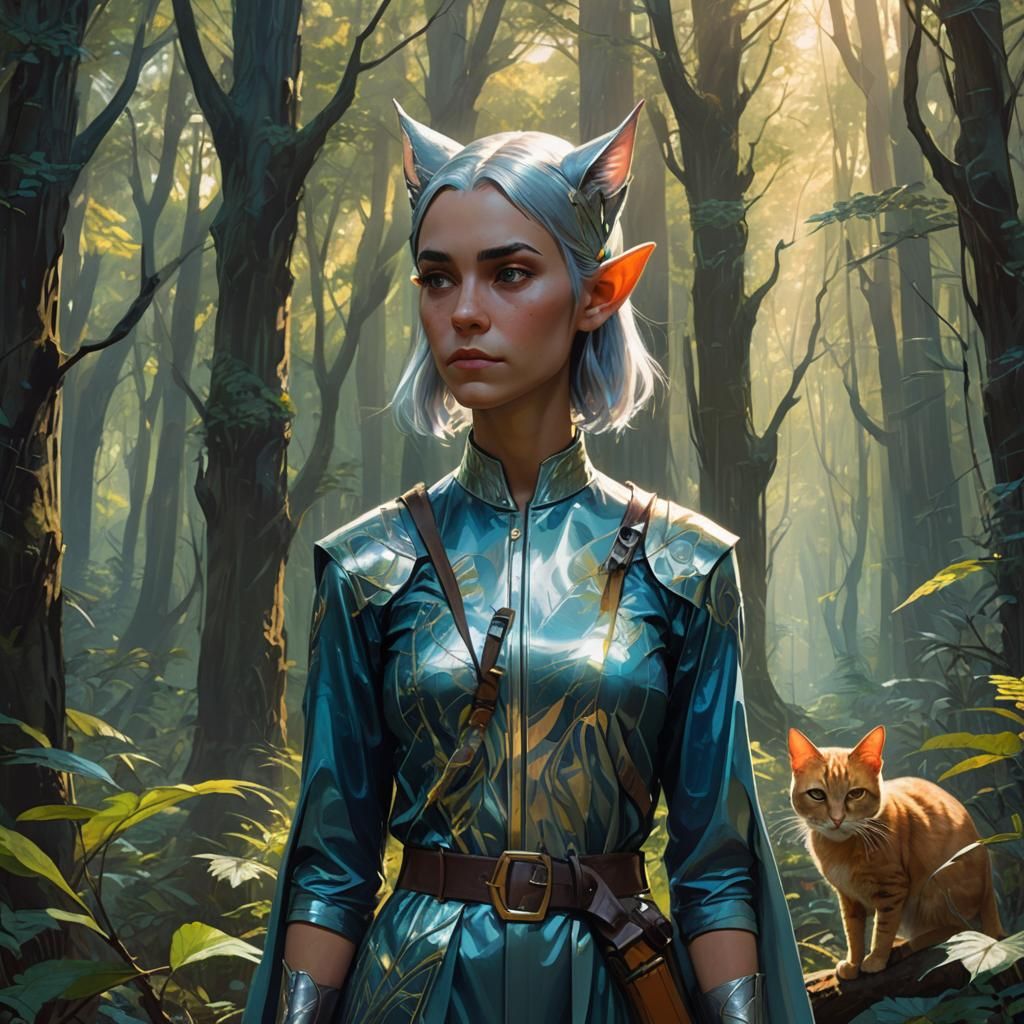 Mystical Elf with Cat Ears in Fantasy Forest