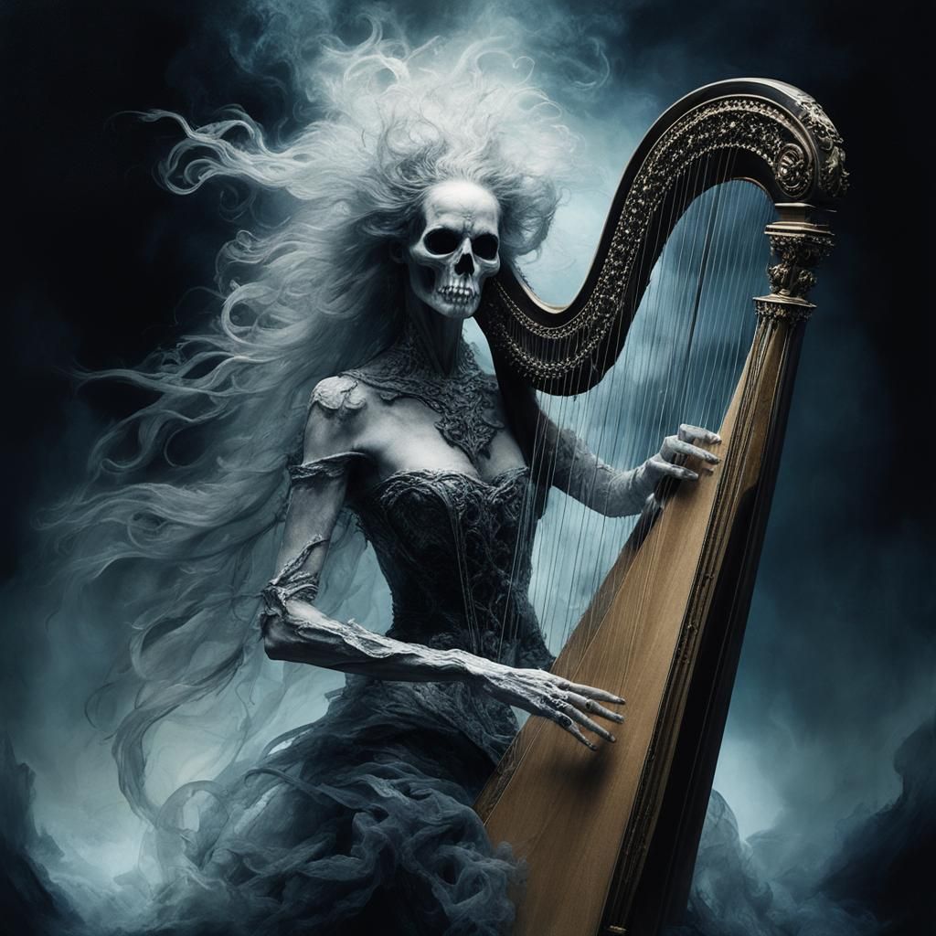 Ethereal Death Spirit Playing Harp, Digital Art