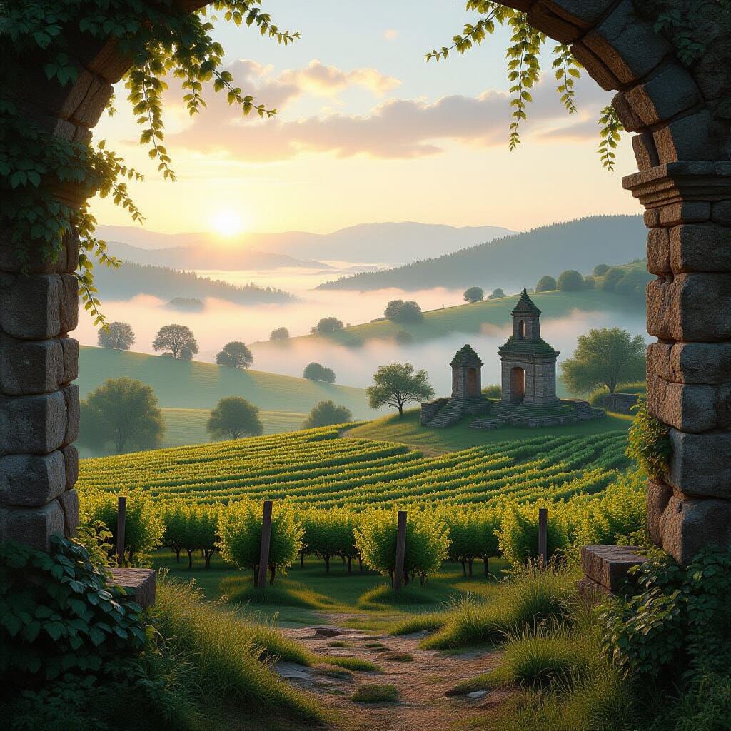 Misty Dawn Over Rolling Hills With Ancient Shrine Ruins