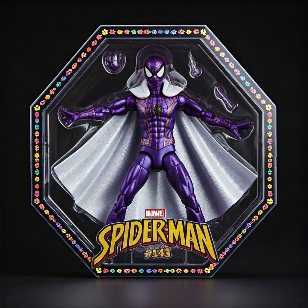 Spiderman Figure in Purple Suit, Comic Art Style