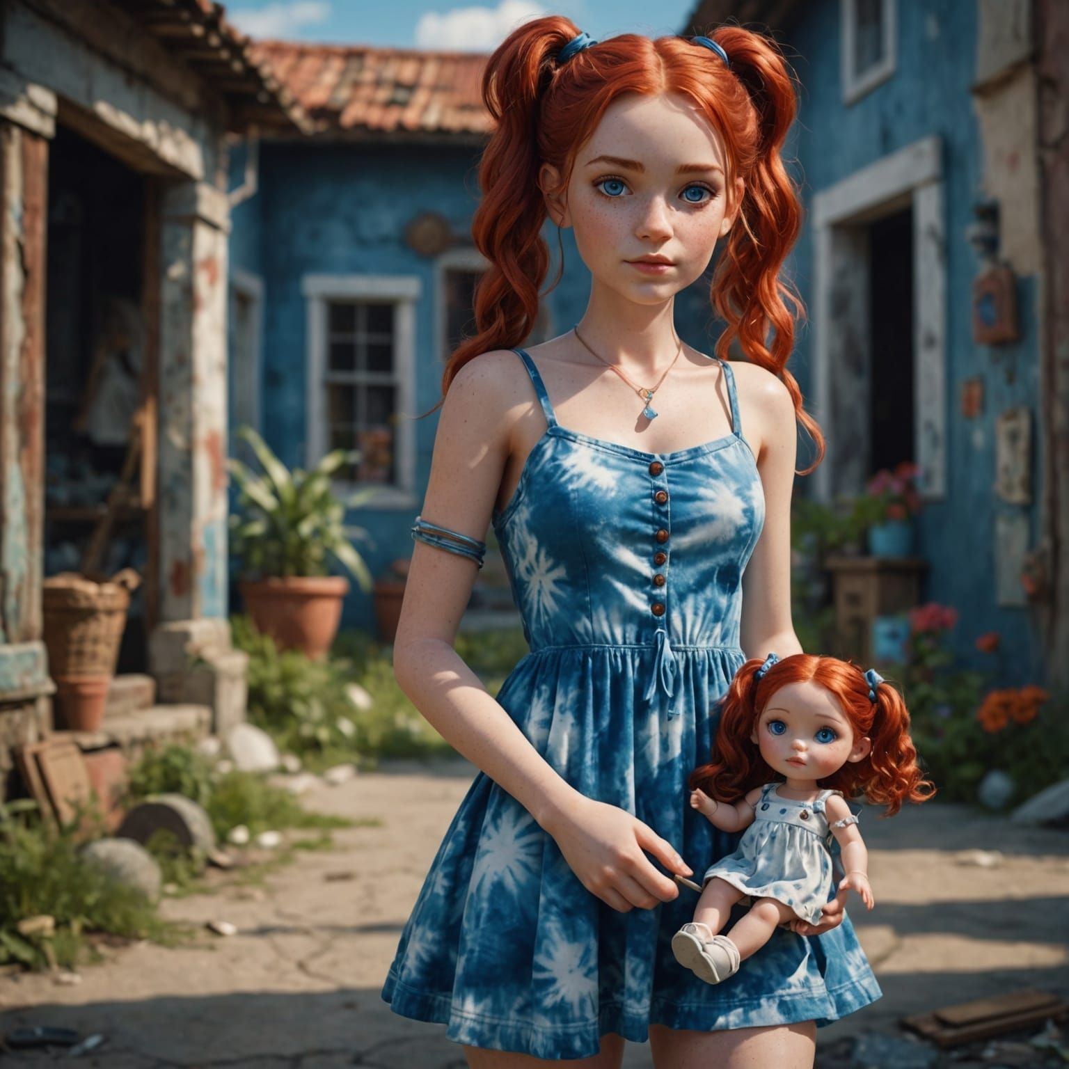 Woman Holding Lookalike Doll: Detailed Matte Painting