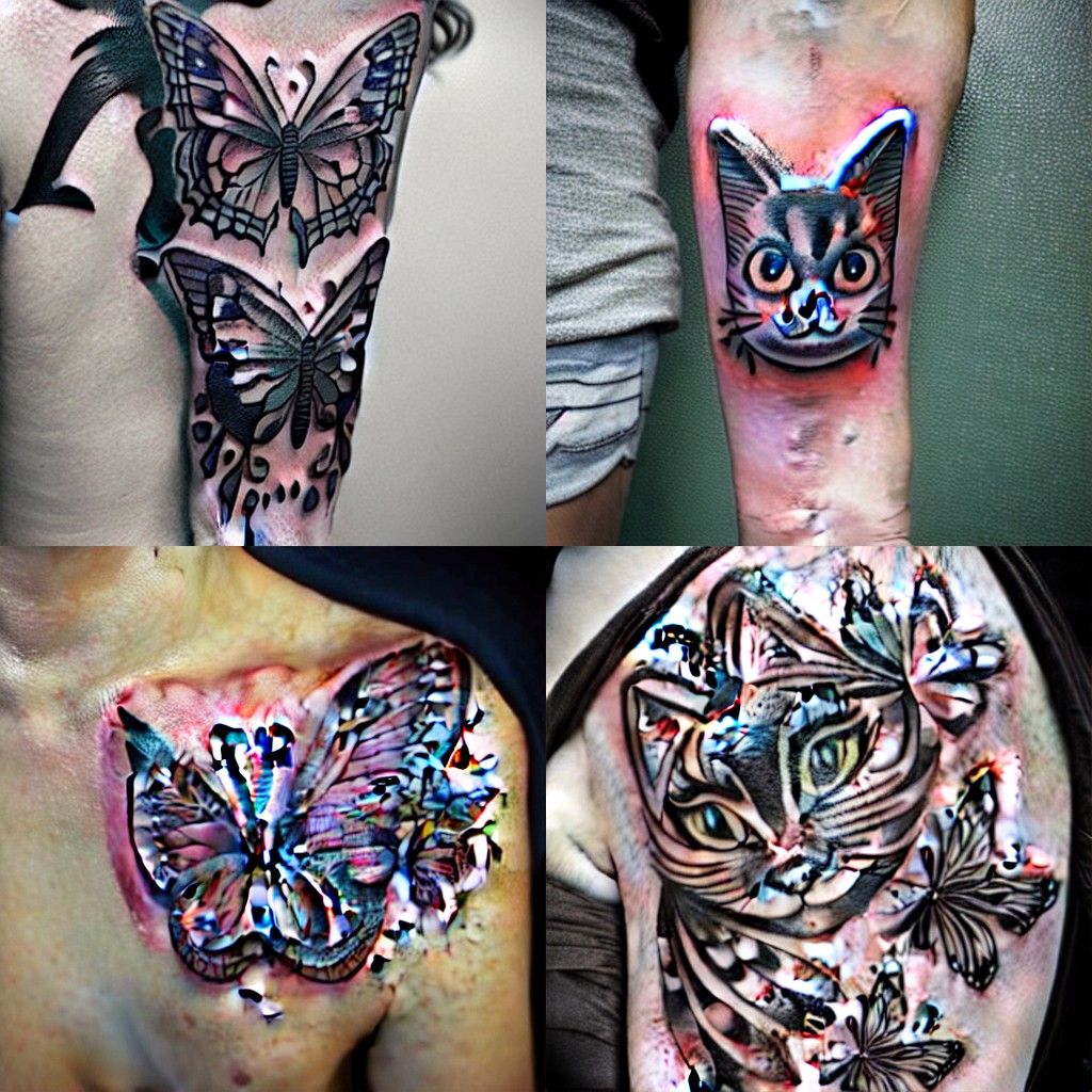 Detailed Tattoo Design: Shadow Kitties and Butterflies