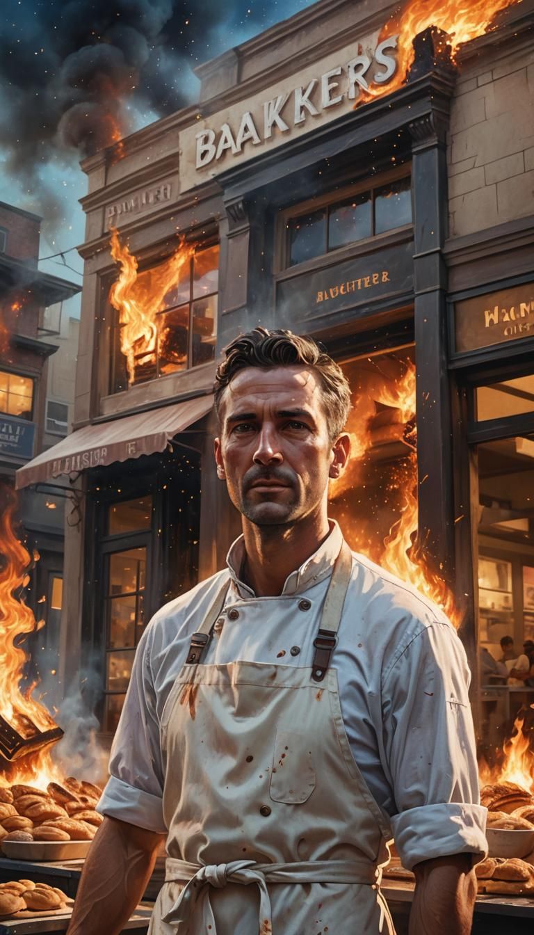 Baker and Burning Bakery: Hyperrealistic Concept Art