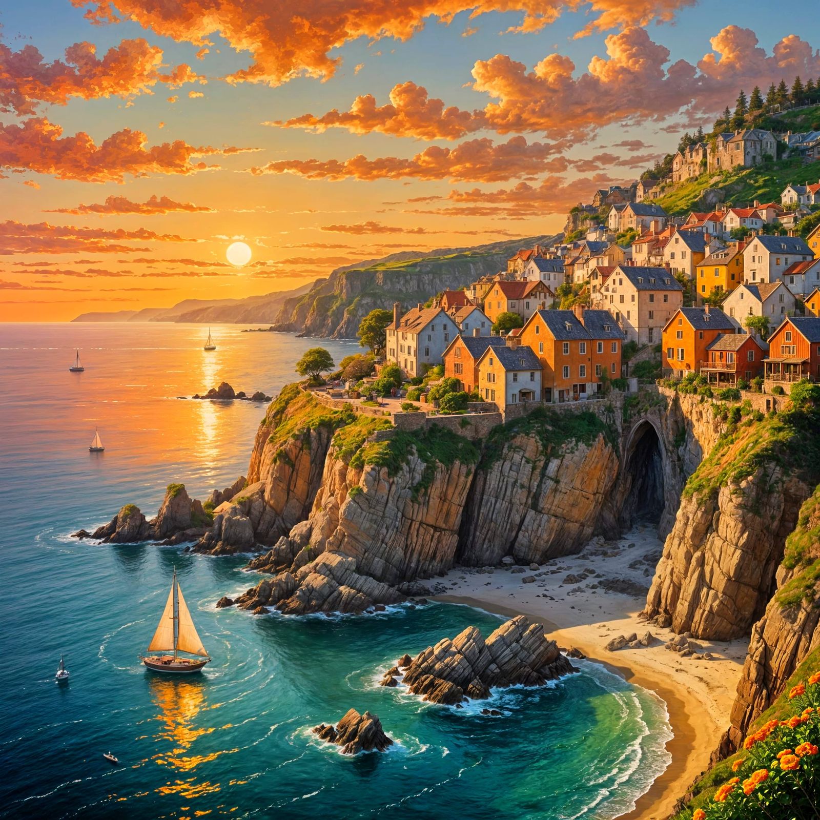 Idyllic Sunset Village Amidst Rugged Cliffs