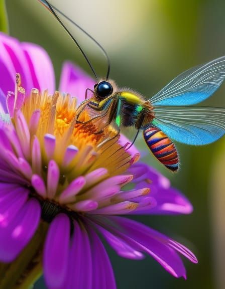 Detailed Hyperrealistic Dragonfly on Flower Painting