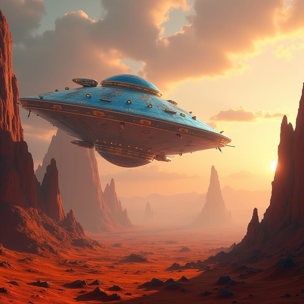 UFO Descends onto Alien Planet in 3D Style