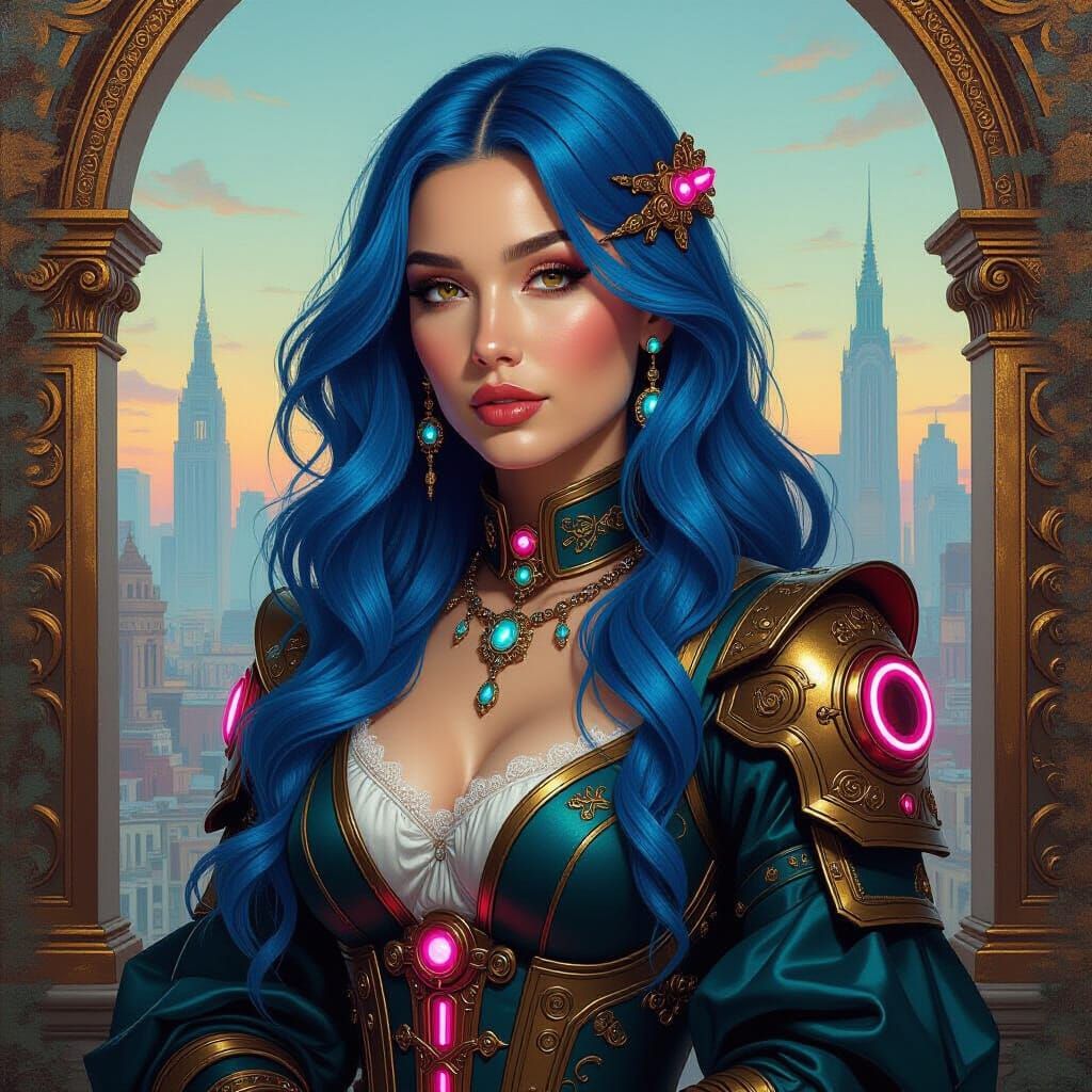 Renaissance Cyberpunk Woman Portrait with Blue Hair