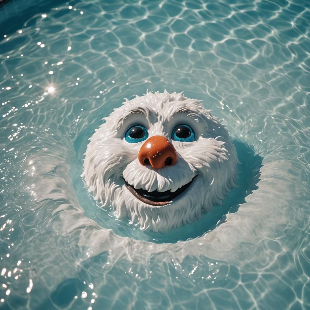 Abominable Snowman Relaxing on Float in Swimming Pool