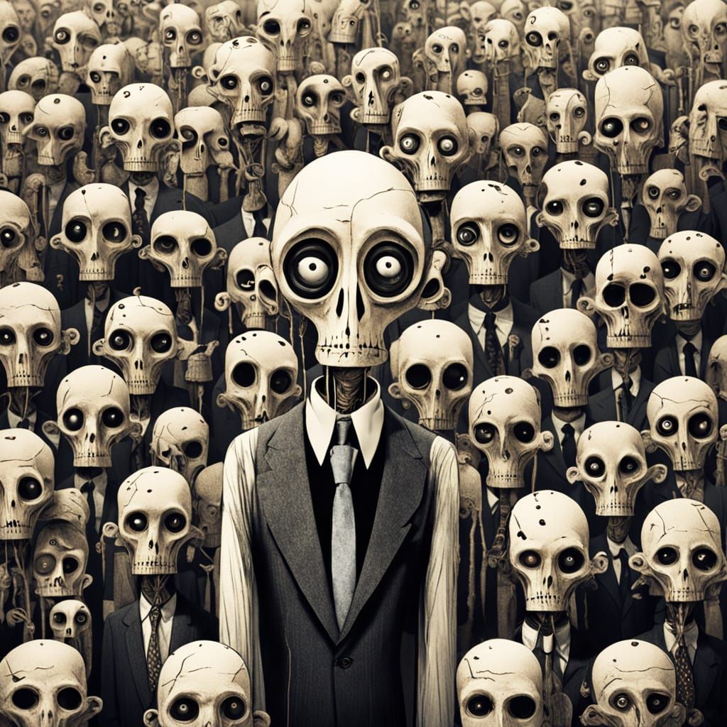 Surreal Character Amidst Creepy Doll Limbs and Birdcages