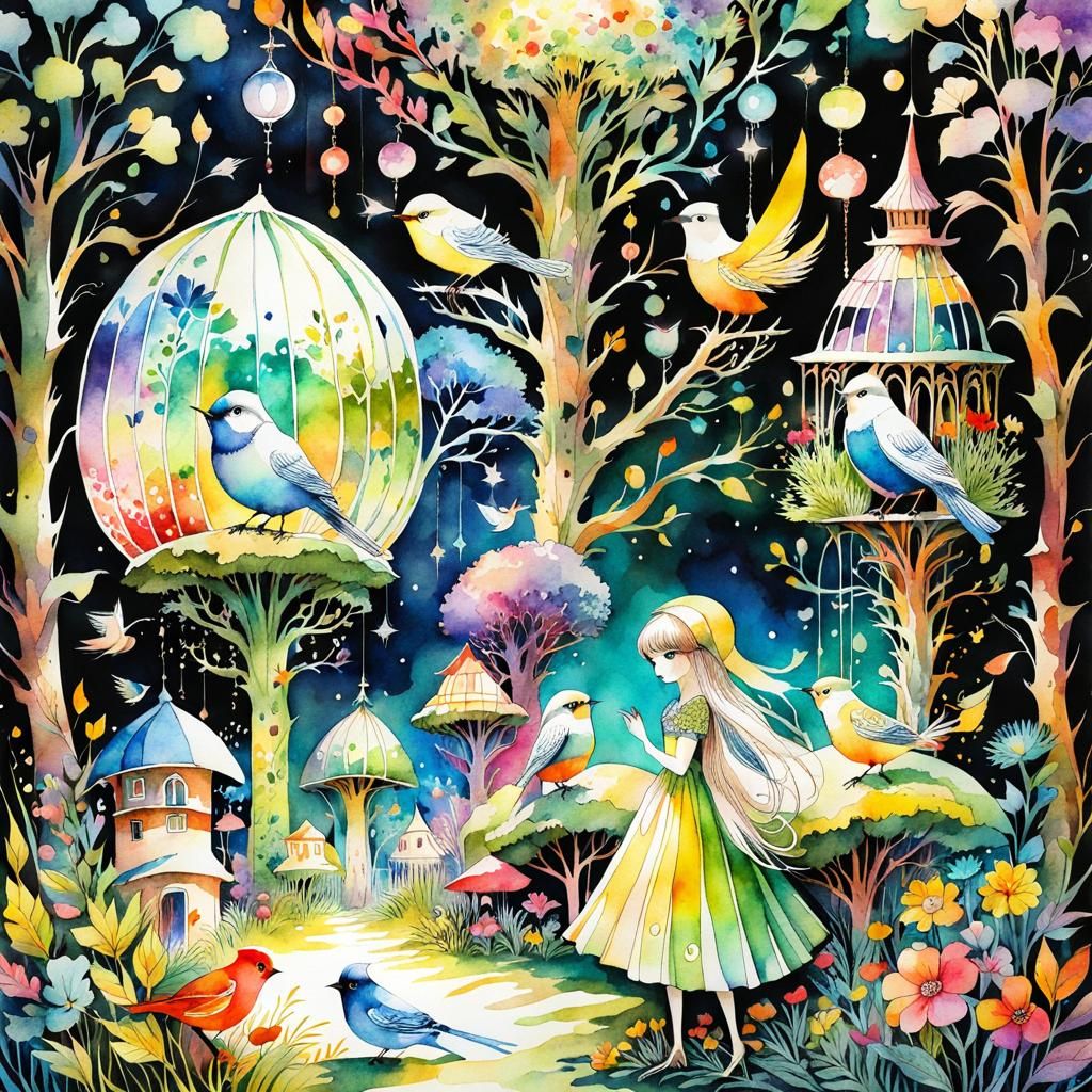 Fairytale Birds in a Psychedelic Anime Garden