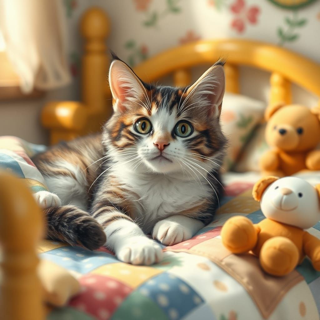 Playful Cat Lounging on Colorful Children's Bed