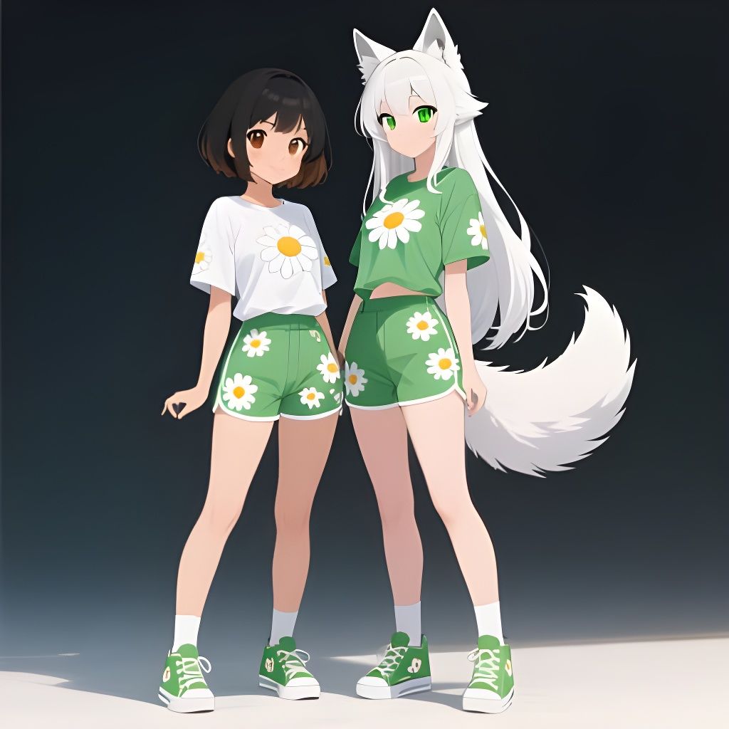 Anime Women with Daisy Outfits and Wolf Ears