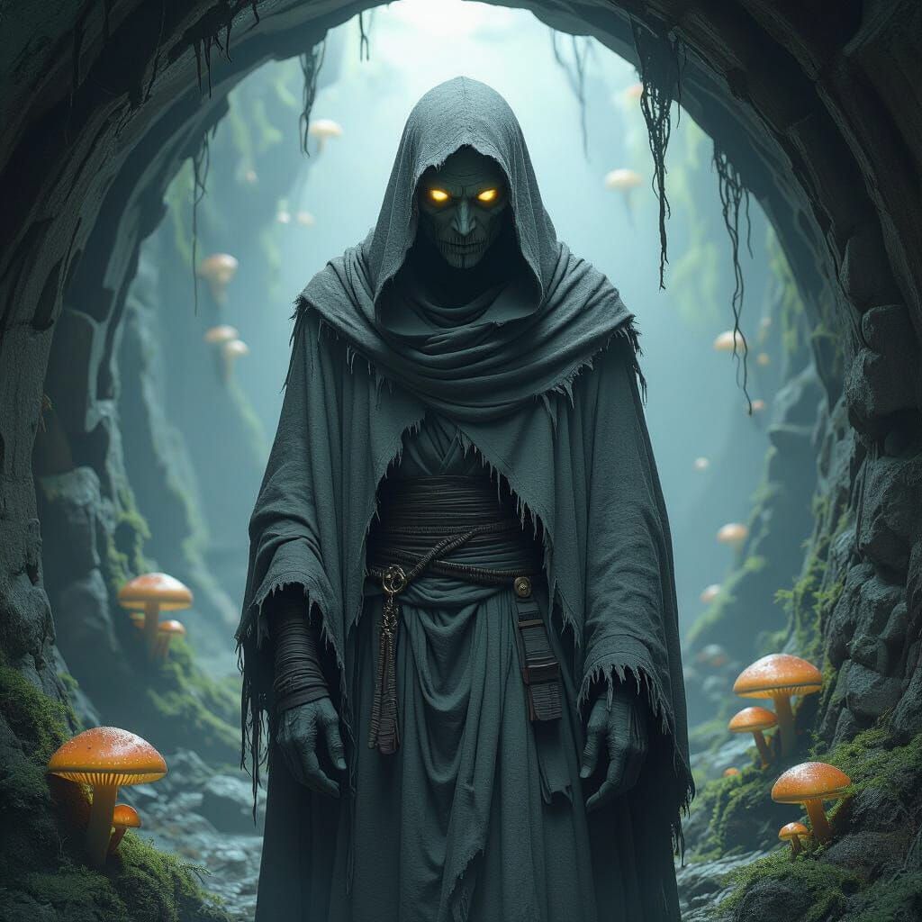 Monk in Bioluminescent Tunnel: A Dark Fantasy Image