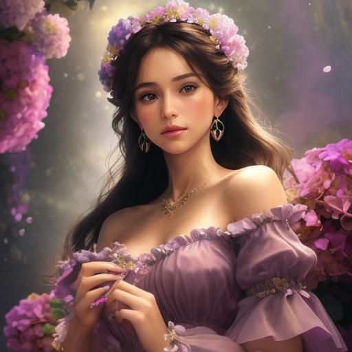 Anime Lady with Flowered Dress in Triadic Colors