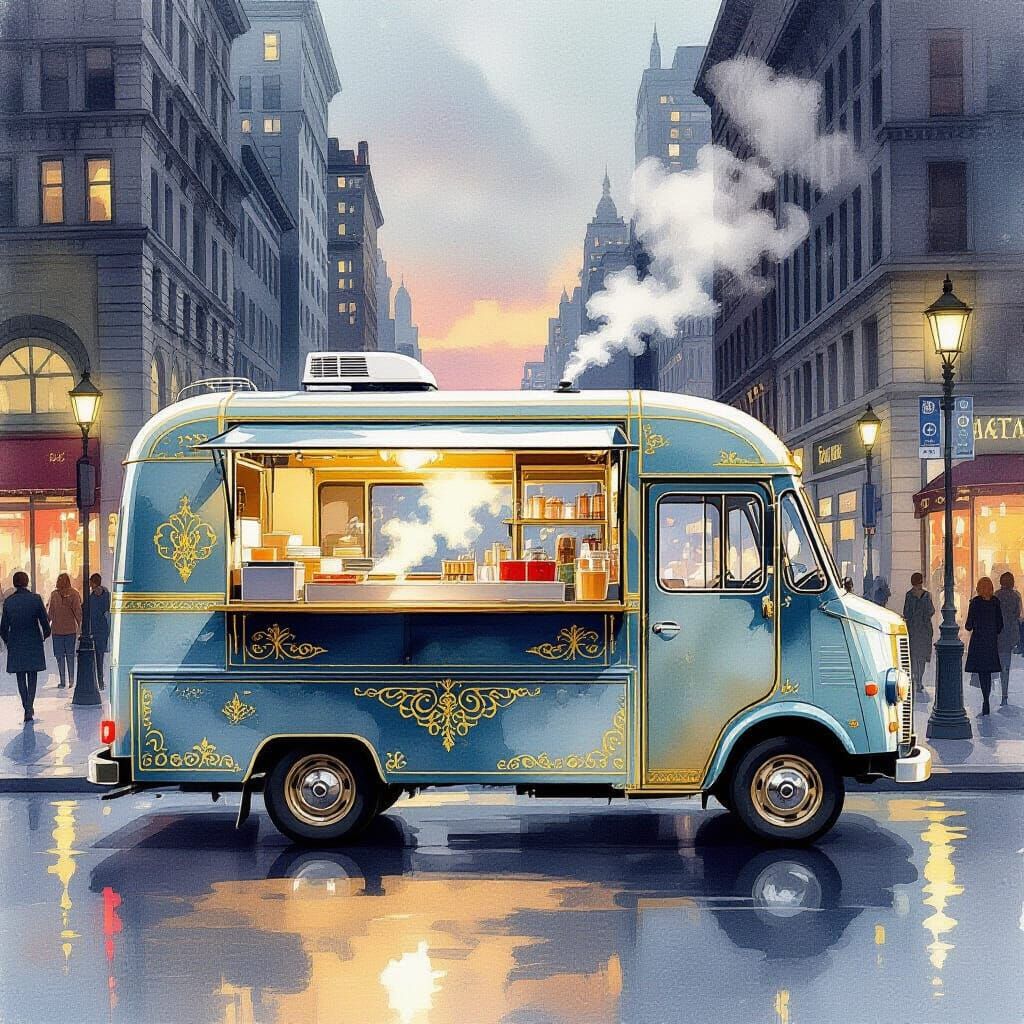 Art Deco Food Truck at Dusk in Metropolis