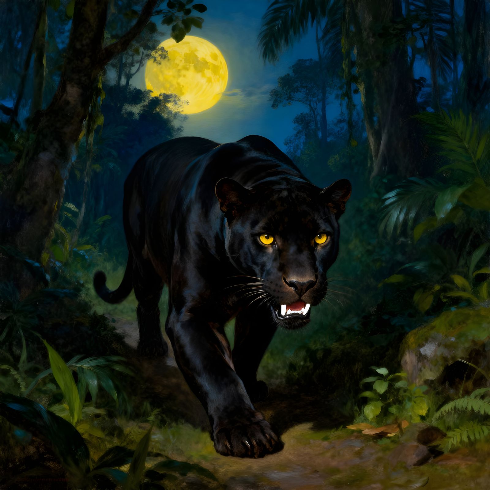 Black Panther Hunts in Moonlit Burmese Rainforest