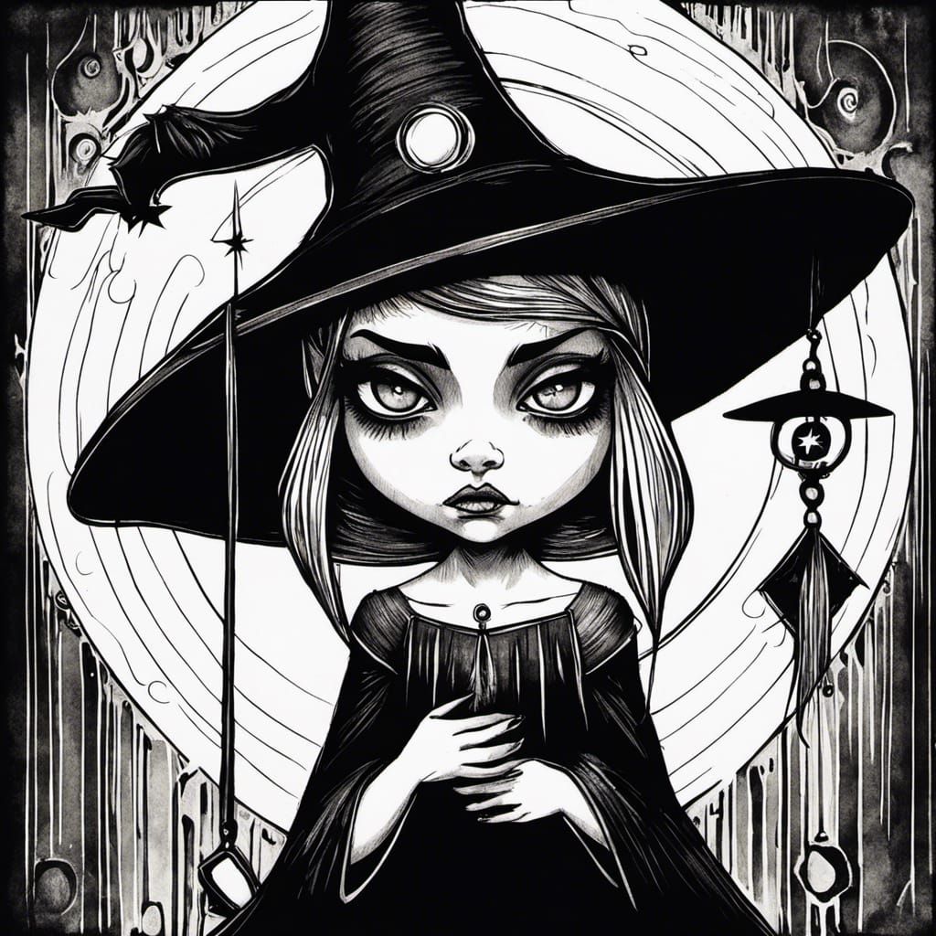 Pouty Witch Girl in Art Brut Style Ink Drawing