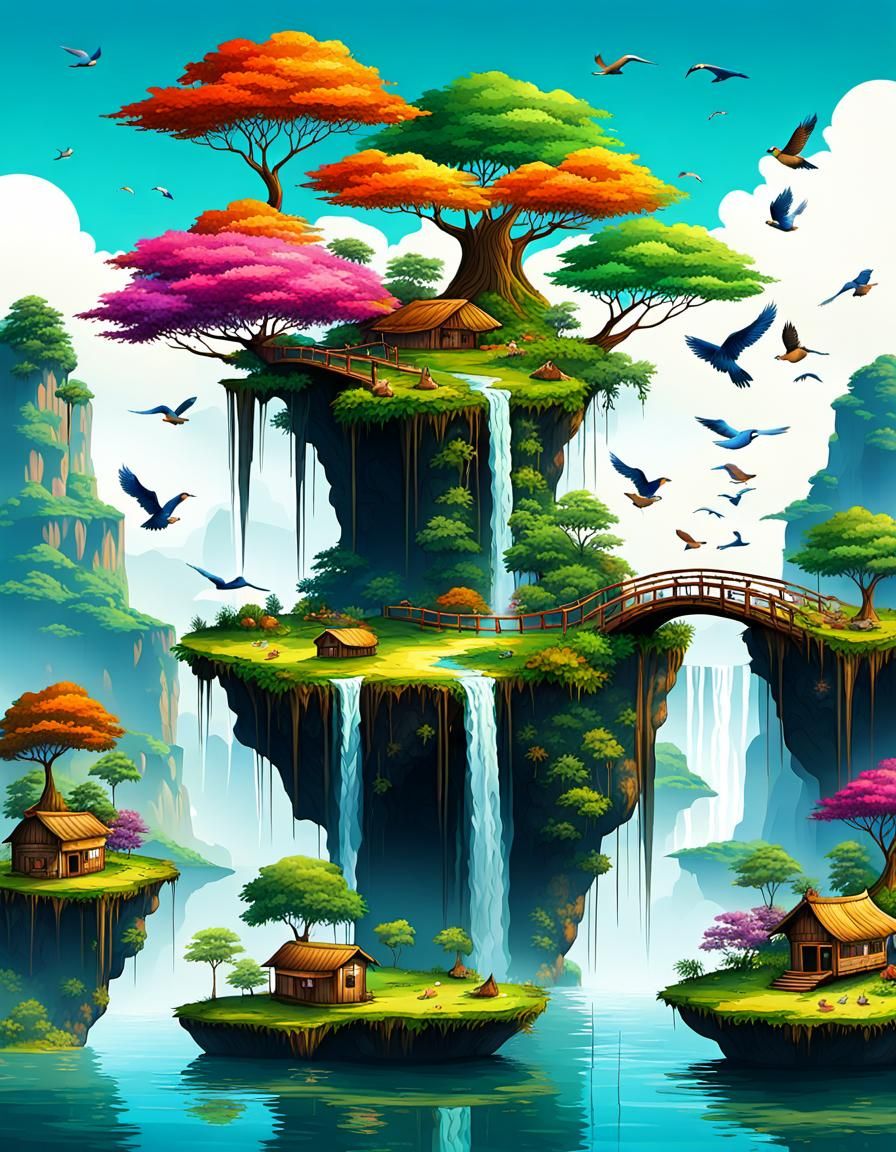 Colorful Floating Islands Digital Art