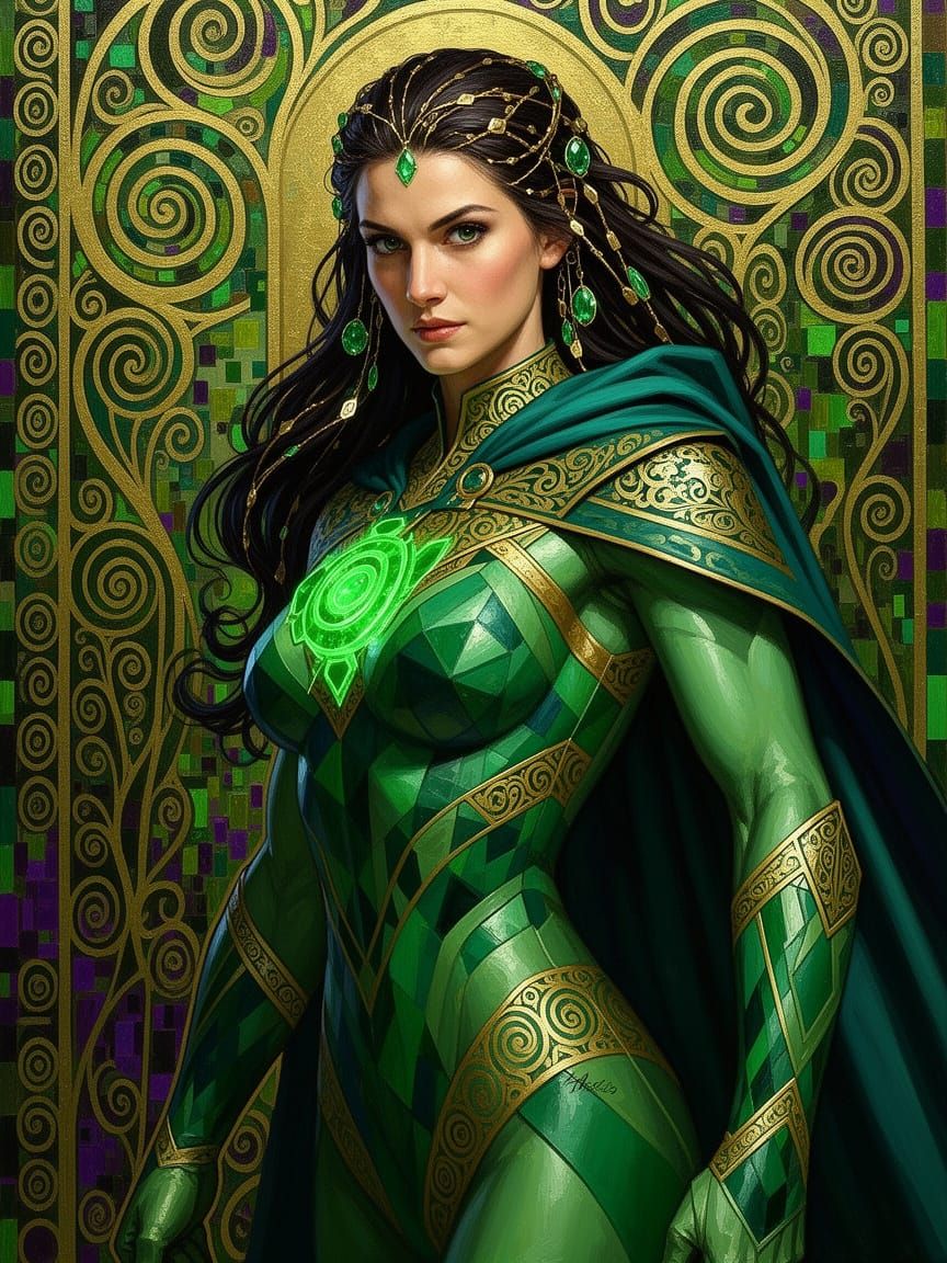 Green Fury Portrait in Klimt Art Nouveau Style
