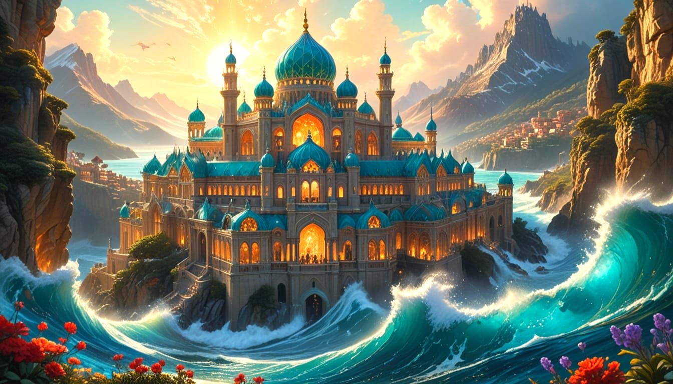 Surreal Ocean Waves Cascade Through Mountain Cityscape