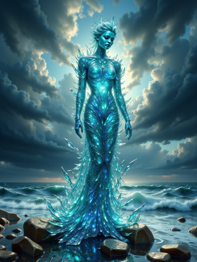 Sea Glass Figure on Windswept Shore in Gothic Style