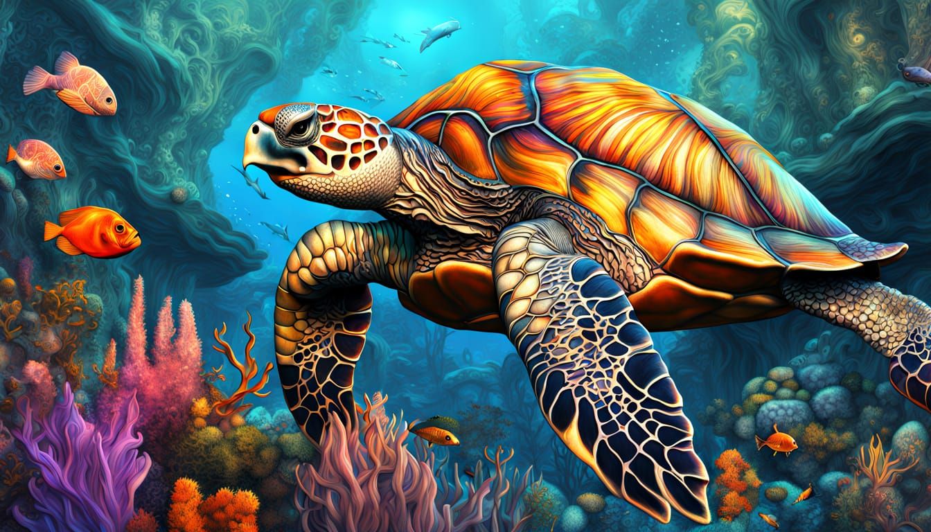 Majestic Sea Turtle in a Colorful Reef