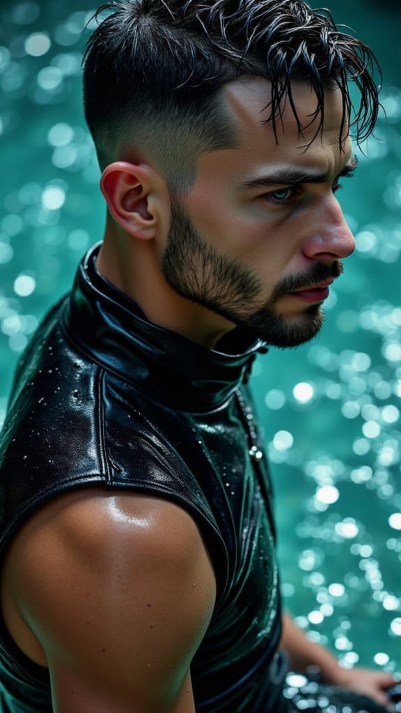 Man with Wet Hair and Beard in Leather Vest