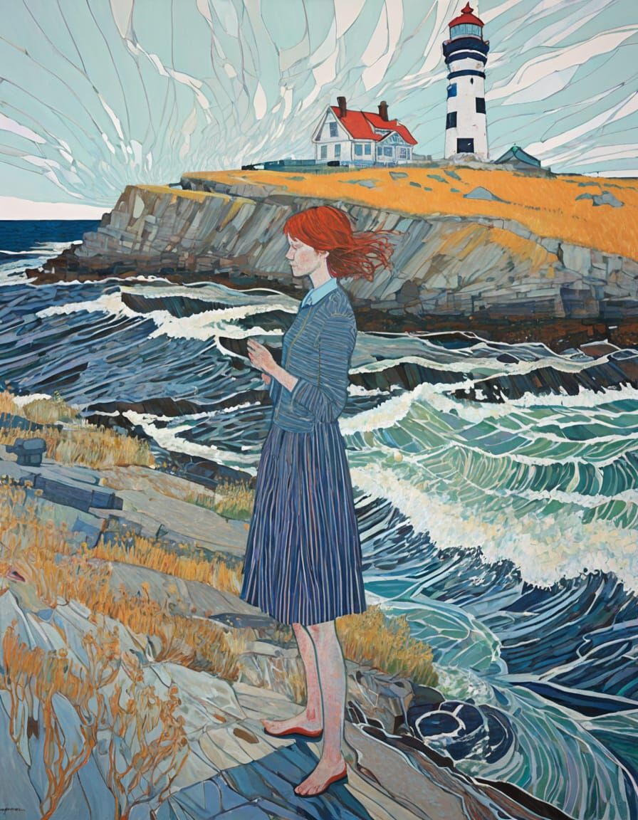 Woman Standing by a Lighthouse in Abstract Style