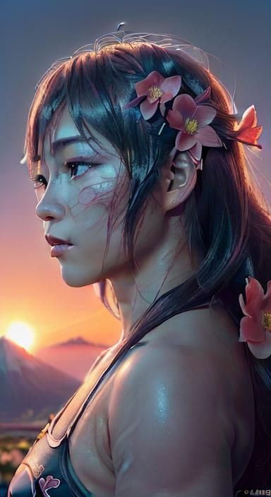 Hyperrealistic Portrait of Io Shirai with Mount Fuji