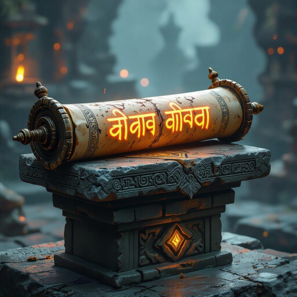 Ancient Scroll with Glowing Sanskrit Inscriptions
