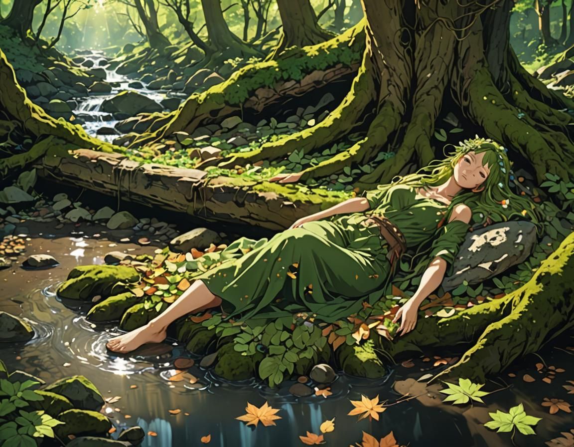 Sunbathing Tree Dryad in Anime Style