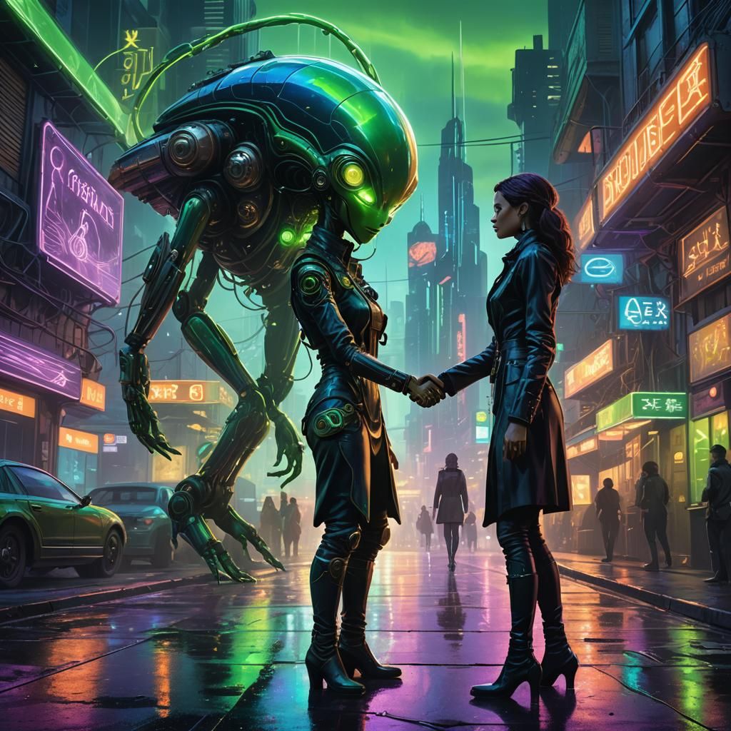 Steampunk Woman Greets Alien in Neon Cityscape