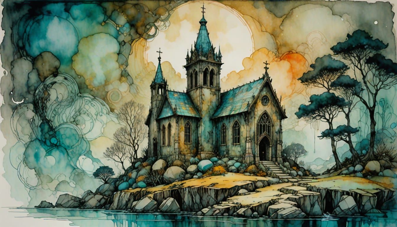 Whimsical Stone Chapel in Misty Atmosphere, Abstract Art