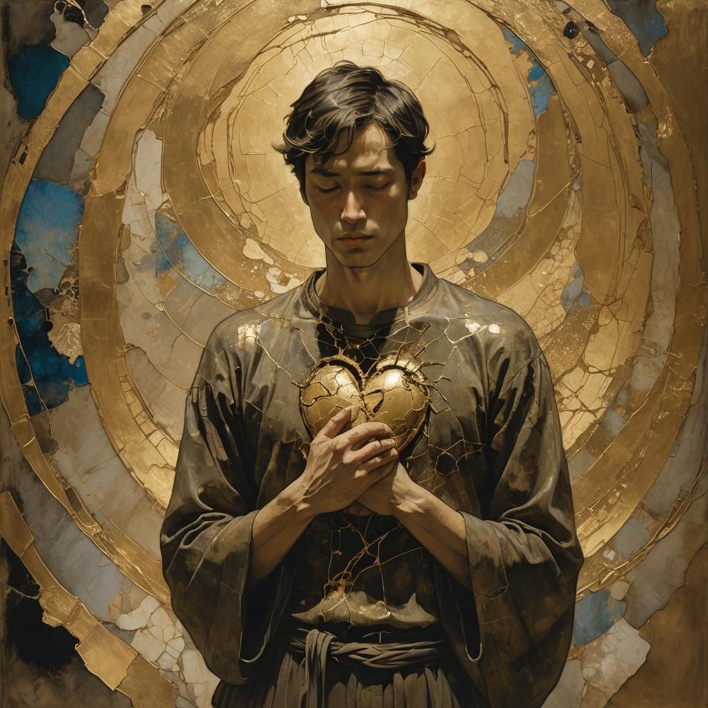 Golden Kintsugi Heart: A Surrealist Portrait